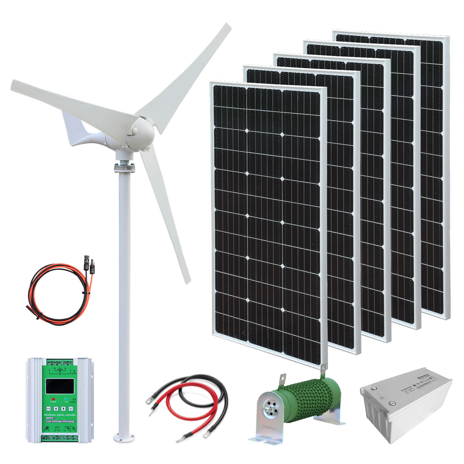 Solarparts Easy installation 500W wind solar hybrid system stacked groundeco batteries solar-wind hybrid home system