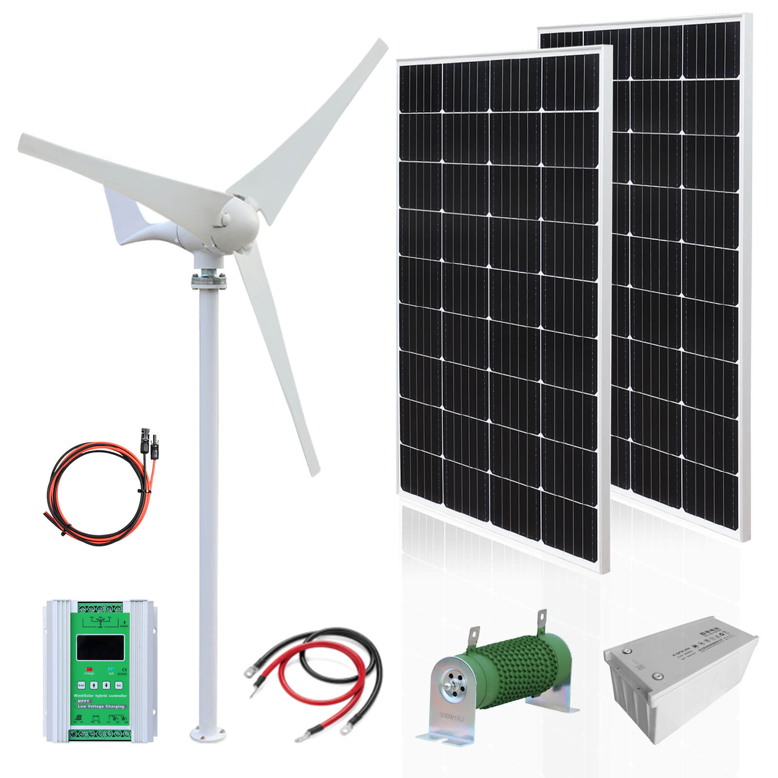 Solarparts Easy installation 300W wind solar hybrid system stacked groundeco batteries solar-wind hybrid home system