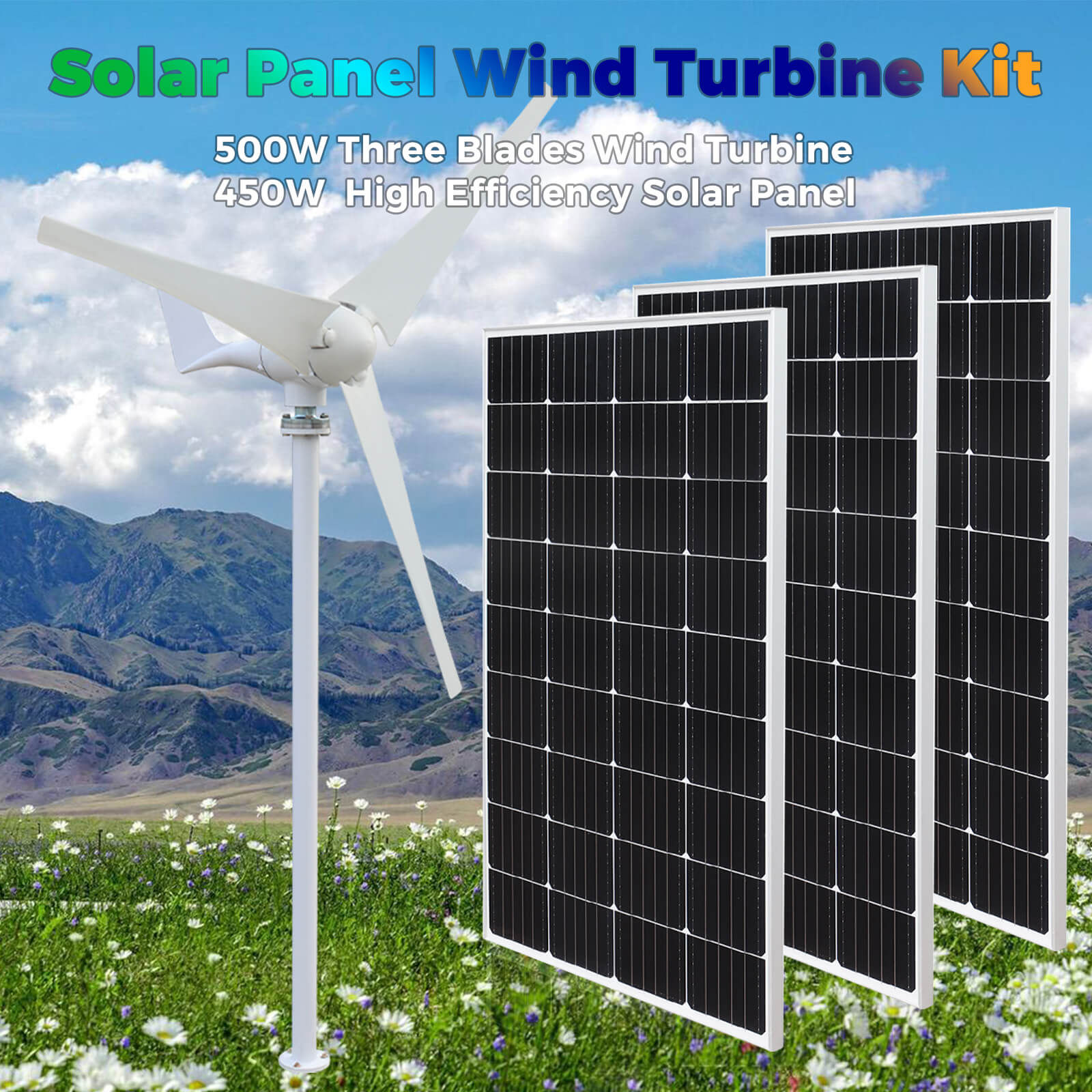 Solarparts Easy installation 450W wind solar hybrid system stacked groundeco batteries solar-wind hybrid home system