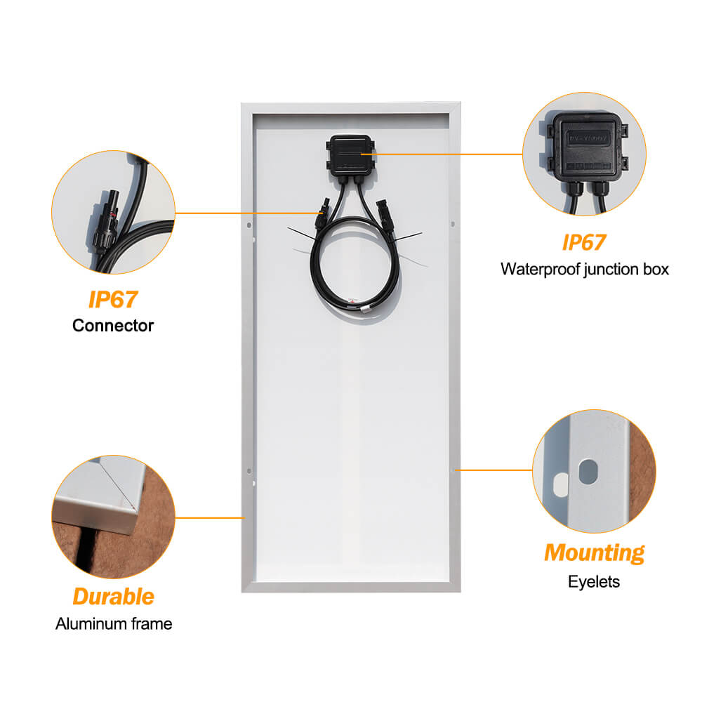 Solarparts Mono glass solar panel 19.8V/50W 810*360*25mm with junction box and MC4 0.9M cable