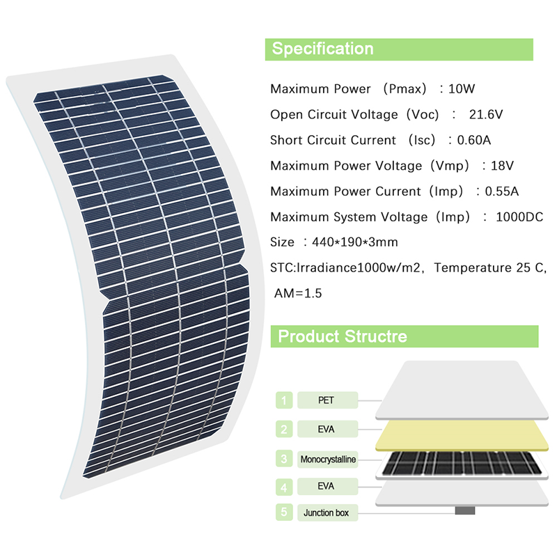 10W monocrystalline flexible solar panel