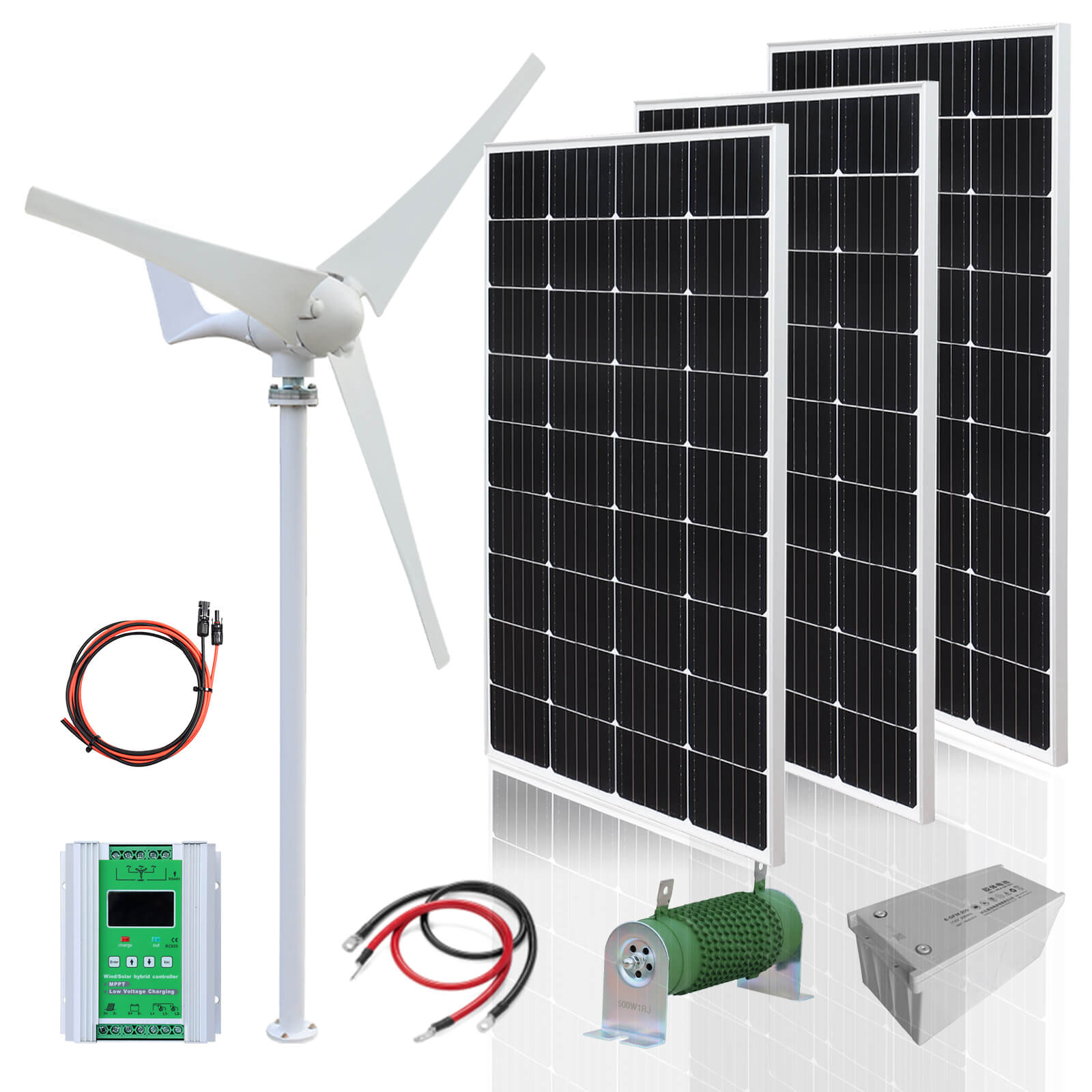 Solarparts Easy installation 450W wind solar hybrid system stacked groundeco batteries solar-wind hybrid home system
