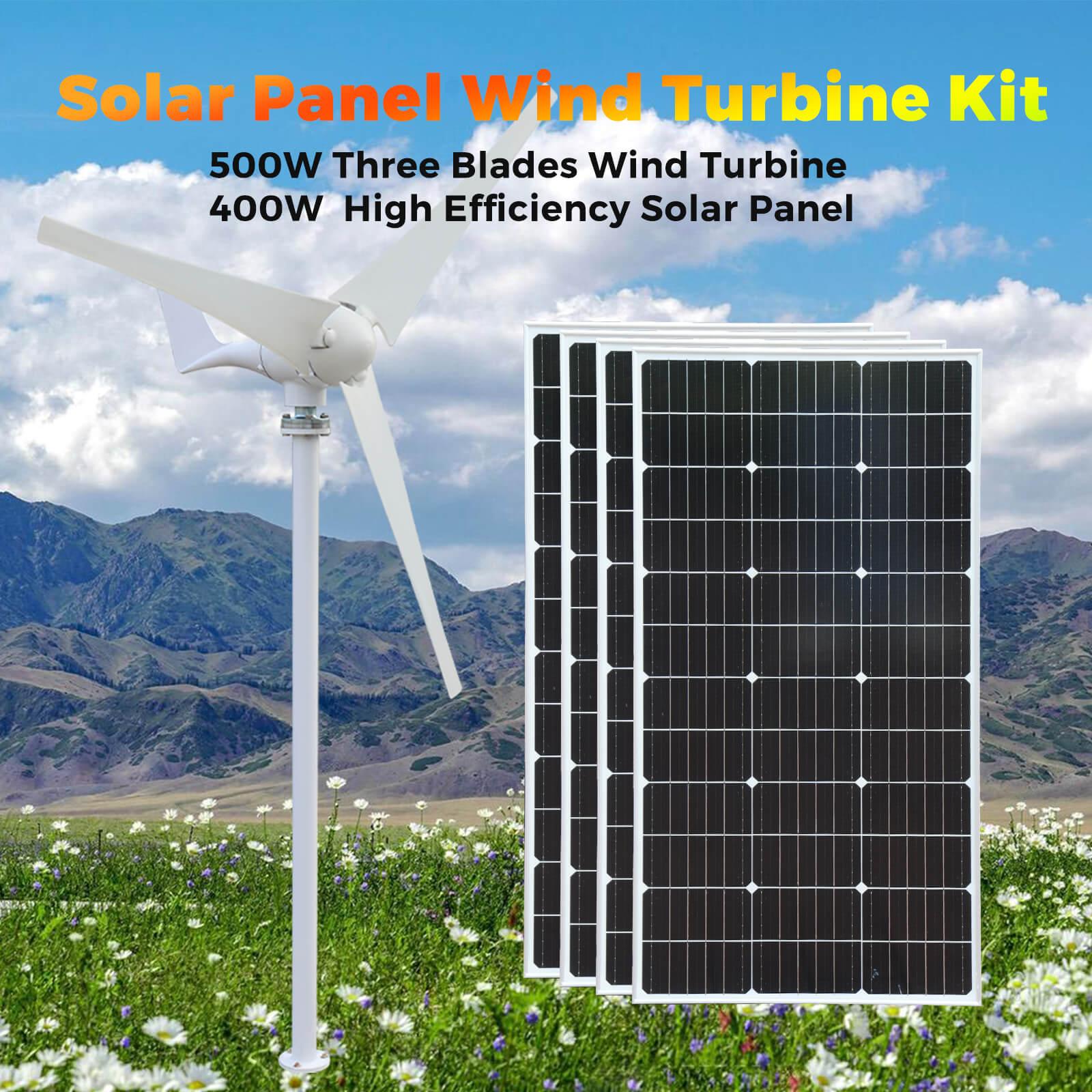 Solarparts Easy installation 400W wind solar hybrid system stacked groundeco batteries solar-wind hybrid home system