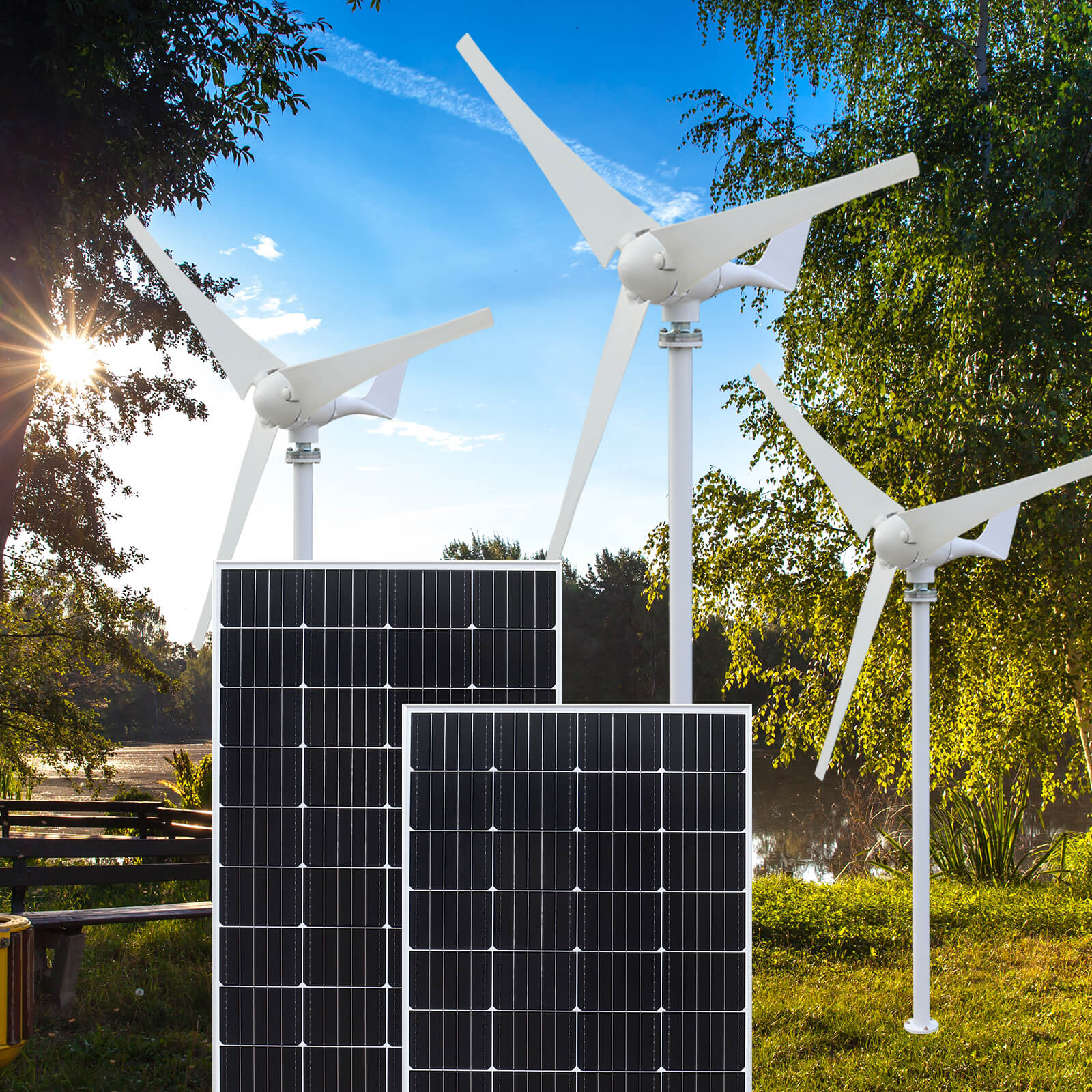 Solarparts Easy installation 300W wind solar hybrid system stacked groundeco batteries solar-wind hybrid home system